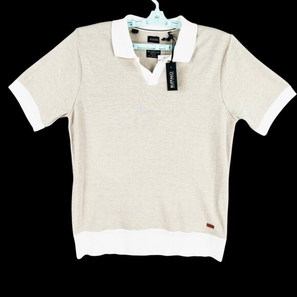 Buffalo David Bitton Men Pullover Short Sleeve Jute Mix Tan Knit Polo Large NWT - Picture 1 of 9